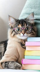 Cat as a librarian a Scottish Fold in a cardigan A Scottish Fold cat as a librarian wearing a cozy cardigan Whimsical illustration of a librarian cat with glasses and a cardigan