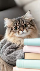 Cat as a librarian a Scottish Fold in a cardigan A Scottish Fold cat as a librarian wearing a cozy cardigan Whimsical illustration of a librarian cat with glasses and a cardigan