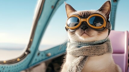 Cat as a pilot a sleek Siamese wearing aviator goggles A sleek Siamese cat as a pilot, wearing stylish aviator goggles Whimsical depiction of a Siamese pilot cat ready for takeoff with goggles