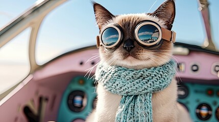 Cat as a pilot a sleek Siamese wearing aviator goggles A sleek Siamese cat as a pilot, wearing stylish aviator goggles Whimsical depiction of a Siamese pilot cat ready for takeoff with goggles
