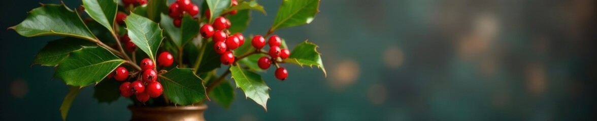 Holly leaves and red berries in a vase against a background, centerpiece, decorative, flowers