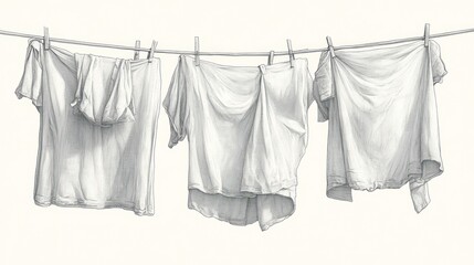 Clothesline, white shirts, drying, outdoor, pencil sketch, home