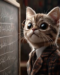 A studious cat as a teacher wearing round glasses and a classic tweed jacket Whimsical depiction of a teacher cat with round spectacles and tweed attire 