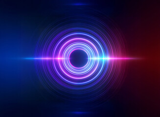 Vibrant neon concentric circles radiate blue and pink light on a dark background. A futuristic and abstract design with glowing rings and a bright central point.