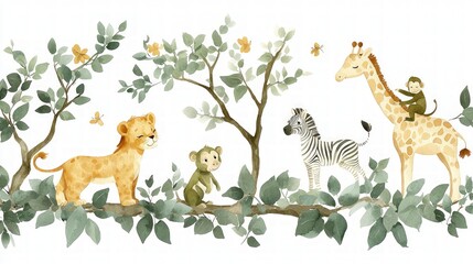 Adorable Baby Safari Animals Watercolor Illustration  Lion  Zebra  Giraffe  Monkey  Elepha