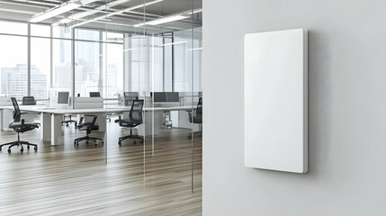 Modern office interior with blank signage mockup, perfect for branding or advertising.  Clean design, glass walls, and city view.