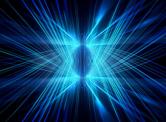 Abstract blue lines converge to a central bright point against a dark backdrop, creating a sense of depth and futuristic energy.