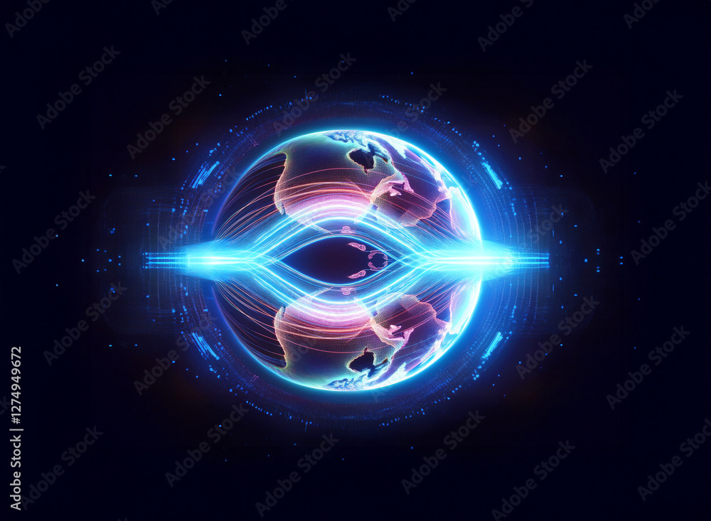 Poster futuristic digital image of two mirrored earths connected by glowing blue lines, surrounded by rings