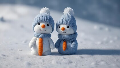 Obraz premium Small knitted snow figure on gentle blue-hued snow surface with delicate carrot nose and coal eyes, cold weather, icy, snow