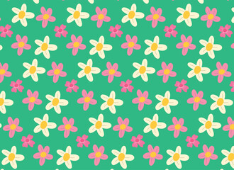 Cheerful seamless floral pattern featuring pink and white flowers with yellow centers on a green background, perfect for fabric and design  