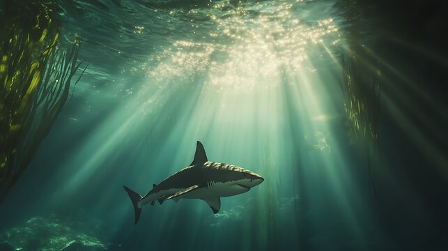 A solitary shark swimming gracefully through underwater beams of light in a serene aquatic environment, evoking a sense of tranquility and power