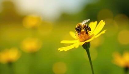 Honeybee collecting pollen from a bright yellow flower in a sunny meadow, pollen, flowers, meadow