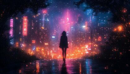 Woman walks city night, neon lights, rainy road, digital art, background