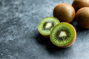 Sliced kiwi on textured surface. Healthy food for commercial background use