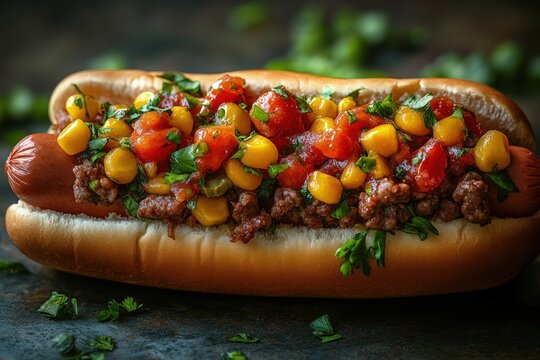 Delicious hot dog topped with seasoned meat, corn, and fresh salsa on a rustic background