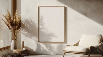 Frame Mockup Interior with Rattan Chair and Pampas Grass Decor