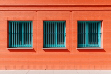 Three Teal Windows in Red Brick Wall in a Row for real estate backdrop