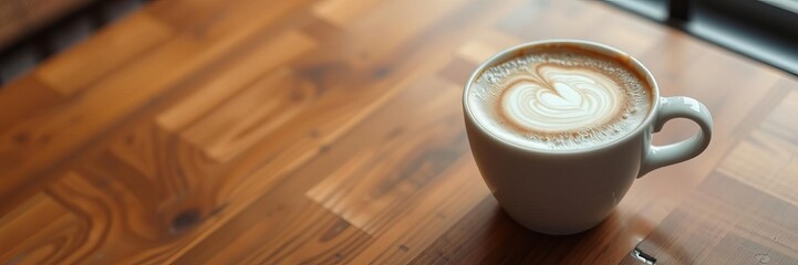 Steaming cup of coffee on wooden table with delicate latte art radiating warmth and elegance, coffee, wooden table, cup