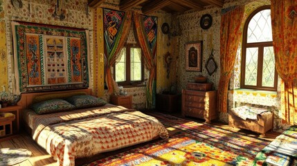 Fototapeta premium Cozy bedroom with vibrant Indian decor featuring colorful textiles, sunlight, for home decor