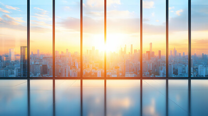 Fototapeta premium Stunning cityscape sunrise view from a modern office, showcasing a bright, optimistic start to the day.