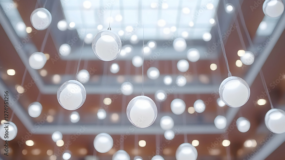 Poster abstract image of numerous hanging spherical lights illuminating a modern building's interior, creat