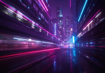Cyberpunk cityscape, neon lights, motion blur, purple and blue hues, futuristic architecture