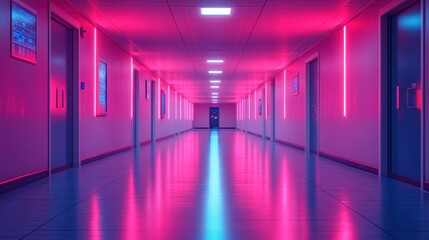 Neon-lit corridor, futuristic building, night, empty, digital art, sci-fi setting