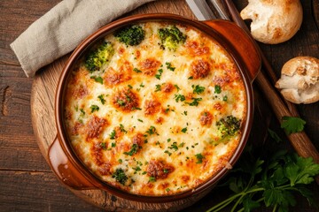 Cheesy Broccoli and Mushroom Bake on Wooden Board