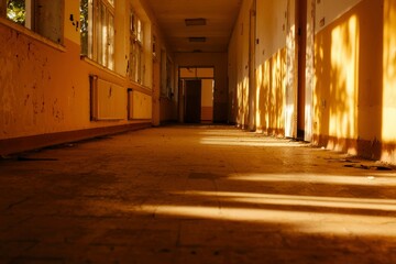 Empty hospital corridor bathed in sunlight