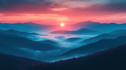Fototapeta premium Sunrise over misty mountain range, vibrant sky, scenic wallpaper