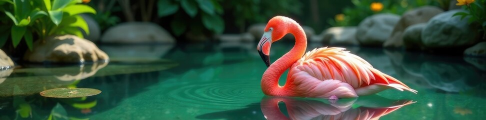 Obraz premium Pink flamingo resting in a shallow pool with clear water and aquatic plants, peaceful, water, calm