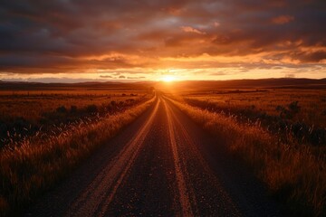 Naklejka premium Sunrise over a straight dirt road in a rural area with a golden light and sky