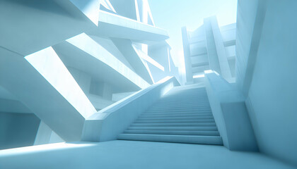 Fototapeta premium Modern minimalist architecture, light-filled staircase in a futuristic building. Abstract design, clean lines, contemporary building interior.