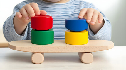 A child stacks colorful wooden blocks on a toy base, engaging in play that promotes fine motor skills and cognitive development.