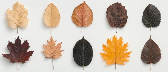 Fototapeta premium A collection of various leaves showcasing different colors and textures on a white background.