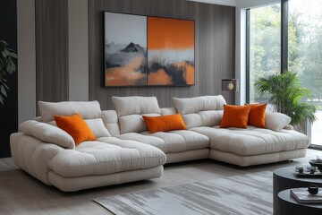 Beige linen fabric L-shaped corner sofa with chaise lounge and armchair for contemporary family seating area in the living room.