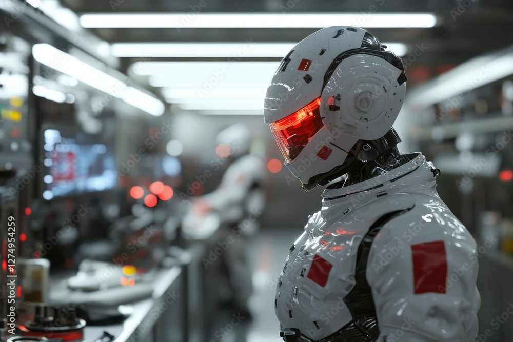 Poster robot in laboratory. research of technology and science in robotic industry