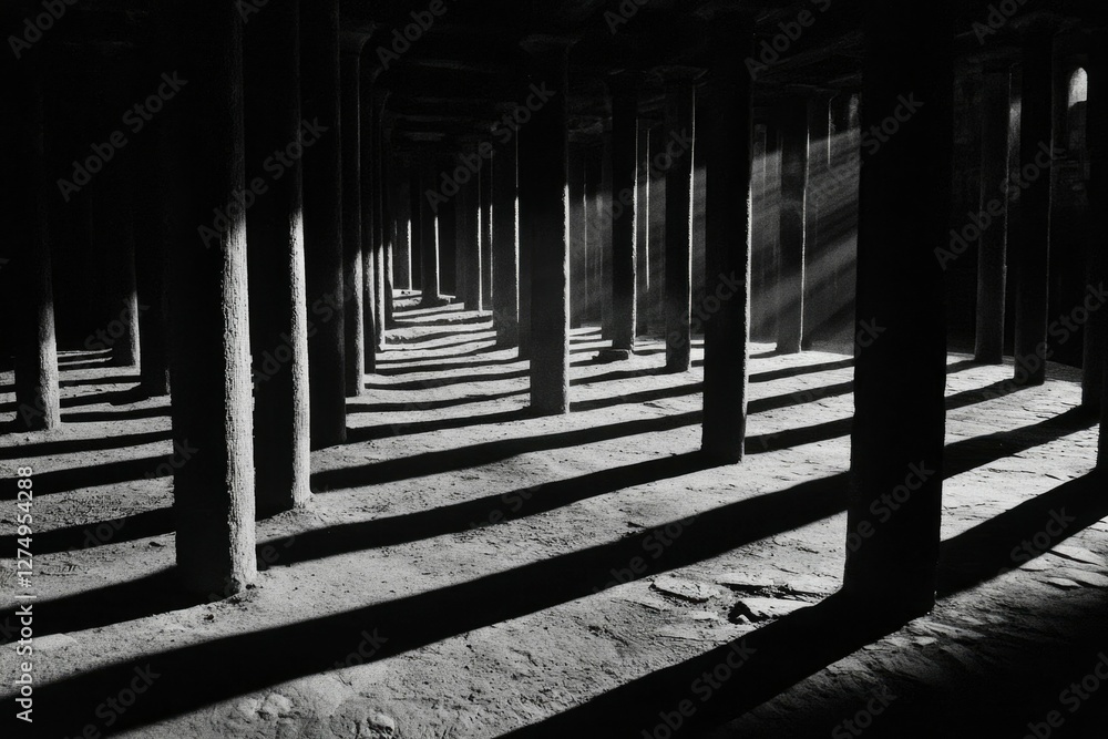 Poster light streams through pillar rows inside a dark, abandoned building