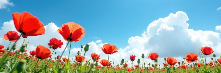 Obraz premium Poppies against a blue sky with fluffy white clouds, blue, clouds, sunshine