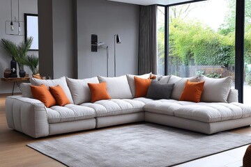 Beige linen fabric L-shaped corner sofa with chaise lounge and armchair for contemporary family seating area in the living room.