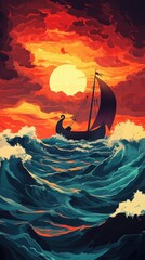 Viking ship sails on a turbulent sea at sunset