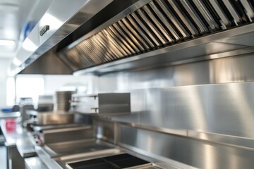 Stainless steel kitchen exhaust hood, commercial kitchen, clean, modern design, food prep area, restaurant equipment