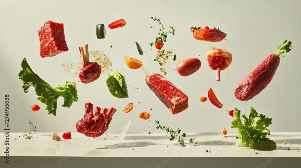 Poster colorful assortment of fresh meats and vegetables floating above a clean surface, creating a dynamic
