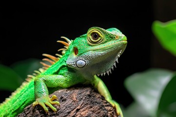 Obraz premium Bright green iguana perched on wood in a leafy tropical setting, for biology material