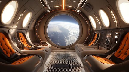 Viewing Earth From a Spacecraft Interior with Comfortable Futuristic Design