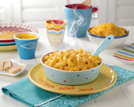 Bunte Mac and Cheese in fr&ouml;hlichem Kinderteller mit Keksen
