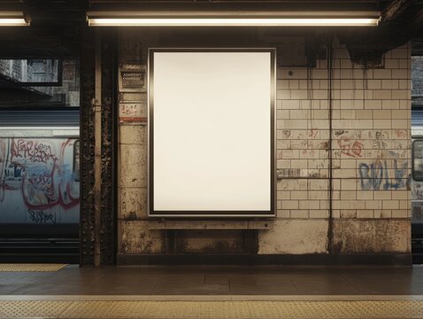 Blank billboard in subway station