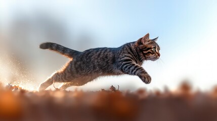 Obraz premium Tabby Cat Leaping Agile Feline Outdoor Action Shot Autumn Nature