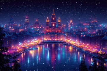 Fototapeta premium Enchanting winter night scene showcasing a vibrant city skyline illuminated by festive lights