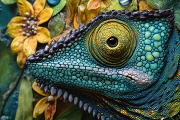 Fototapeta premium vibrant emerald chameleon in extreme macro, showcasing intricate scales and swiveling eye, natural lighting on tropical foliage